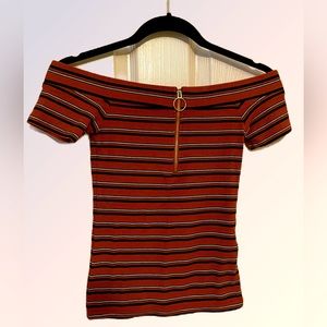 GBG Women’s Pumpkin & Black Stripe Short Sleeve Off Shoulder Top